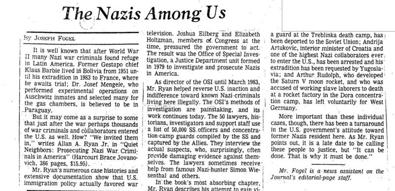 Статья Нацисты среди нас в американской газете The Wall Street Journal от 10 января 1985 года.